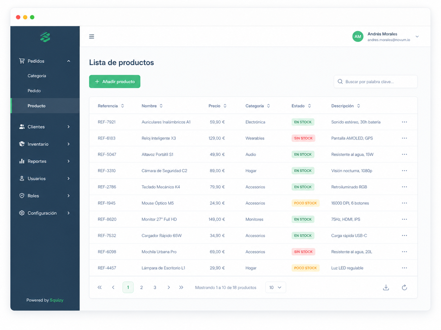 Captura de una app interna de gestión de productos construida por Squizy Factory